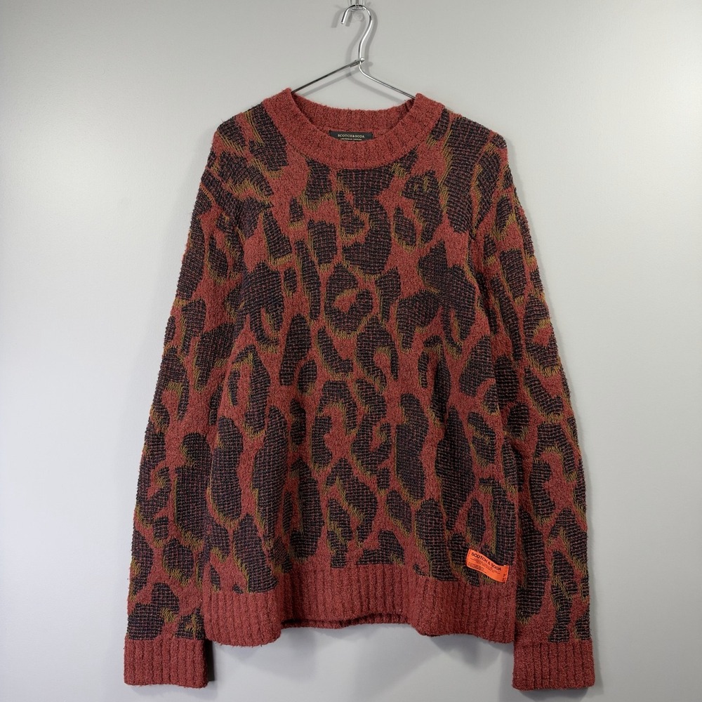Scotch & Soda Sweater Mens Large Red Leopard Knit Crewneck Pullover